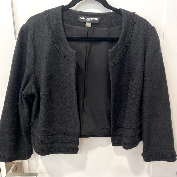Karl Lagerfeld Black Jacket. Almost Vtg. Fringe on neckline; bottom and sleeves - Picture 1 of 7